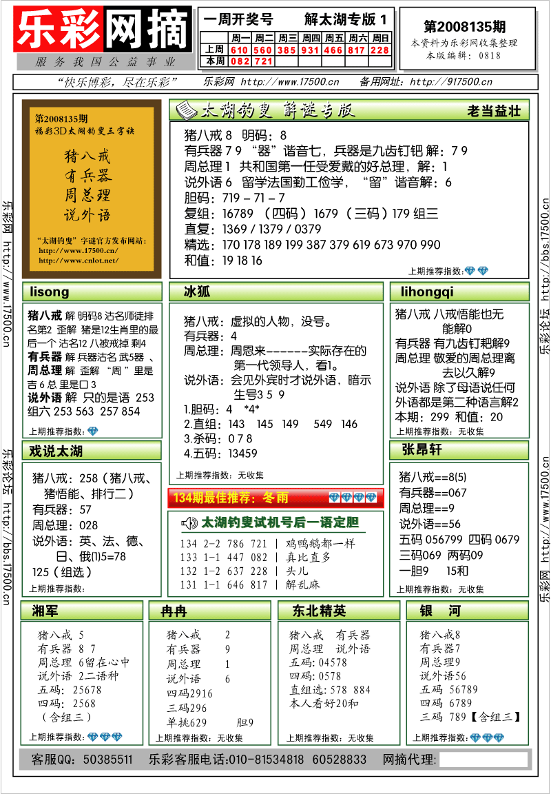 福彩3D第2008135期解太湖钓叟总汇