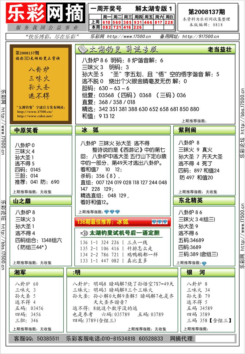 福彩3D第2008137期解太湖钓叟总汇