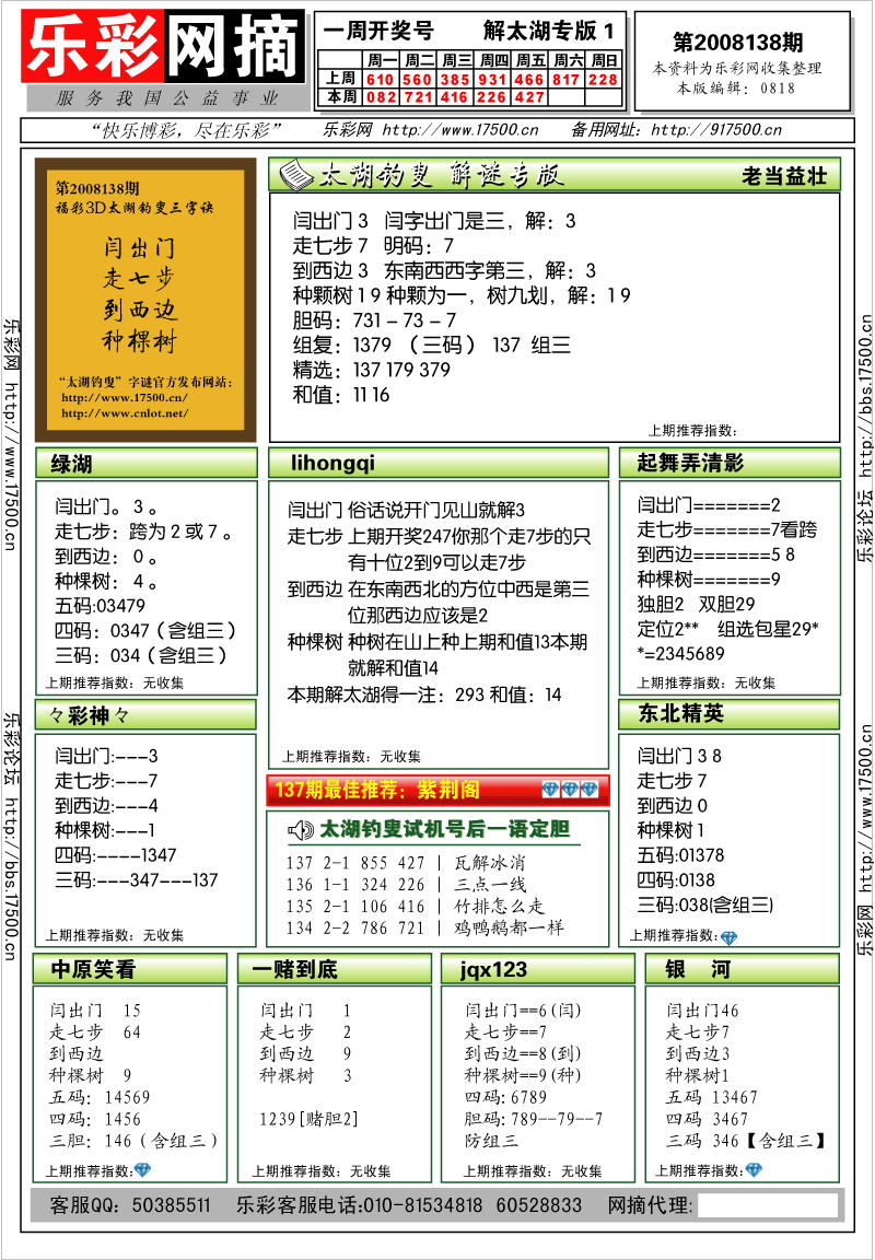 福彩3D第2008138期解太湖钓叟总汇