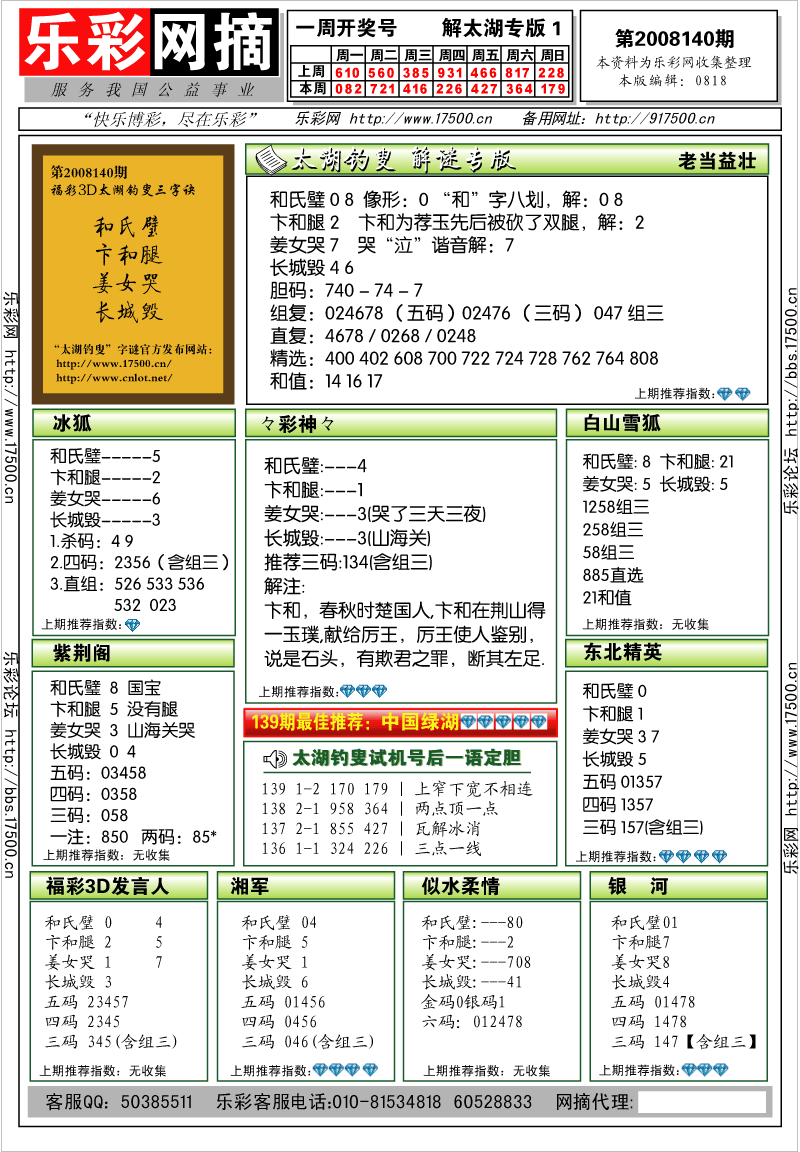 福彩3D第2008140期解太湖钓叟总汇