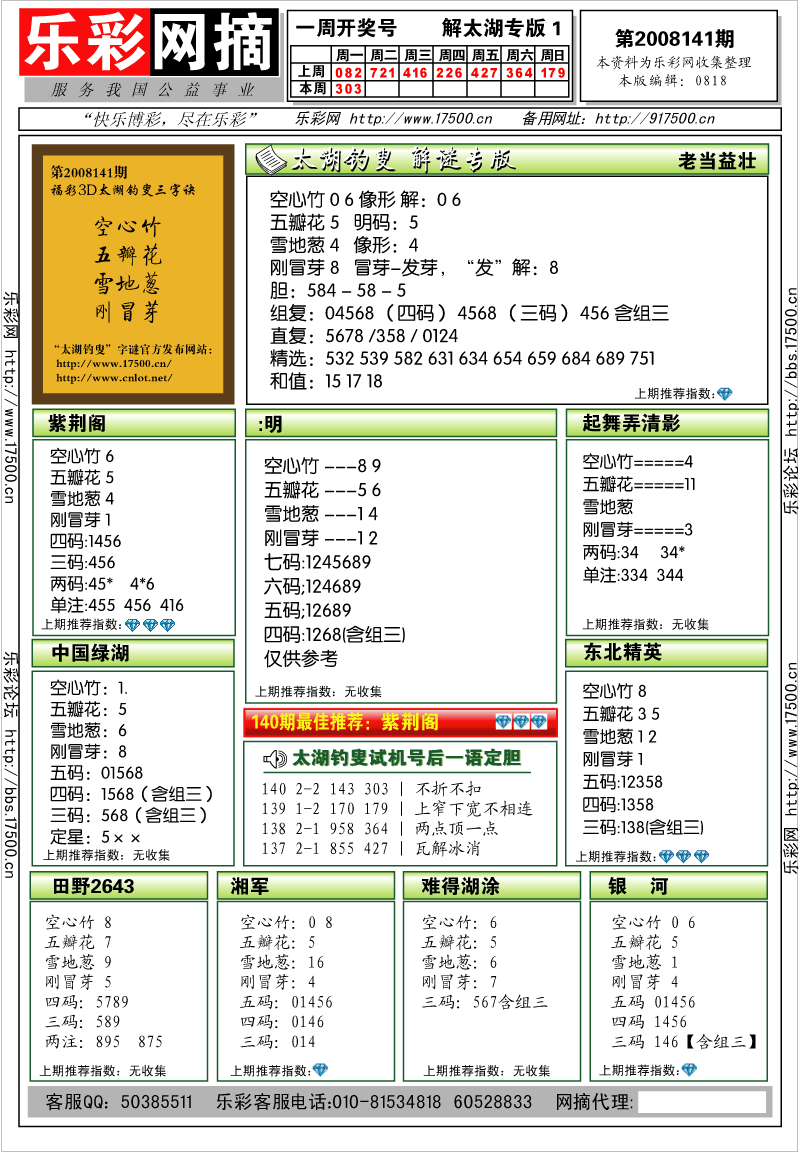 福彩3D第2008141期解太湖钓叟总汇