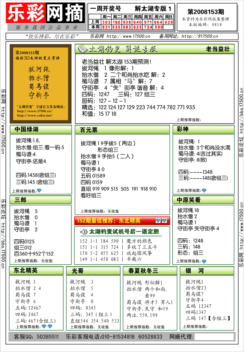 福彩3D第2008153期解太湖钓叟总汇