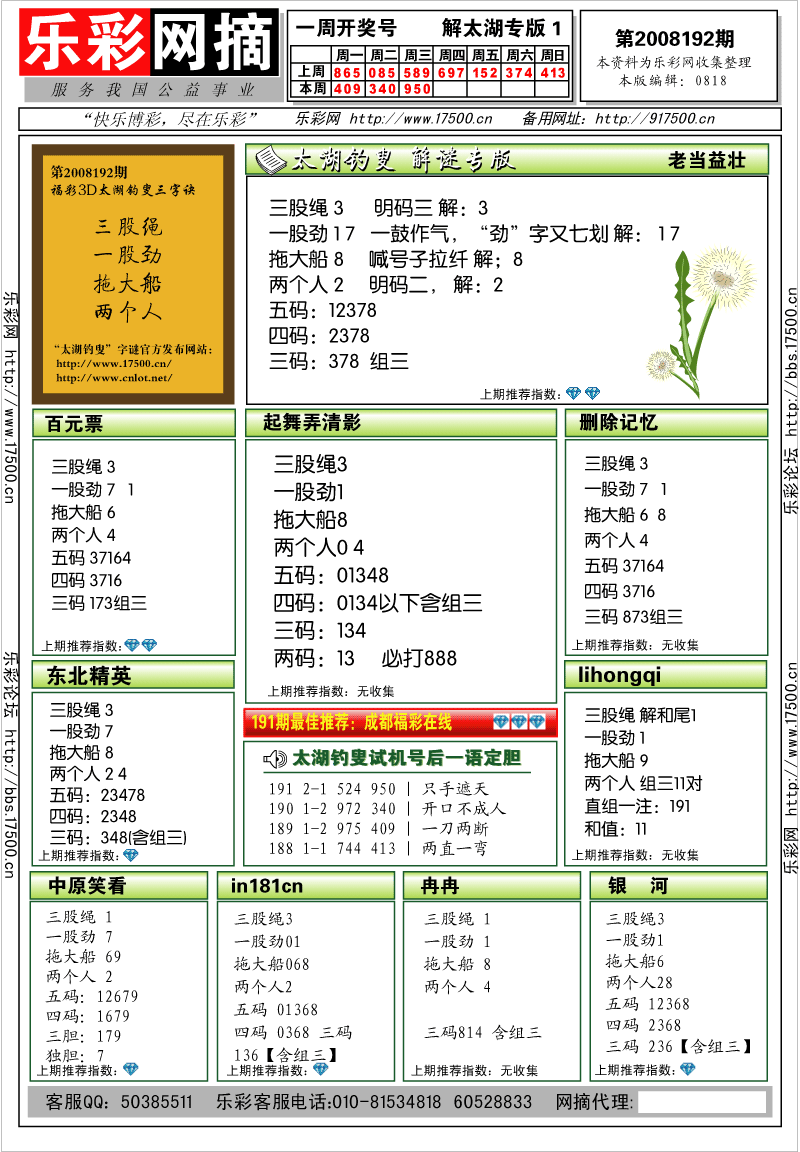 福彩3D第2008192期解太湖钓叟总汇