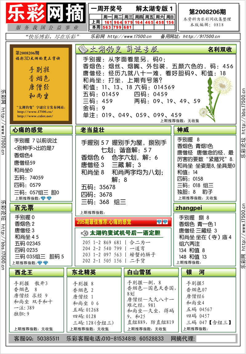 福彩3D第2008206期解太湖钓叟总汇