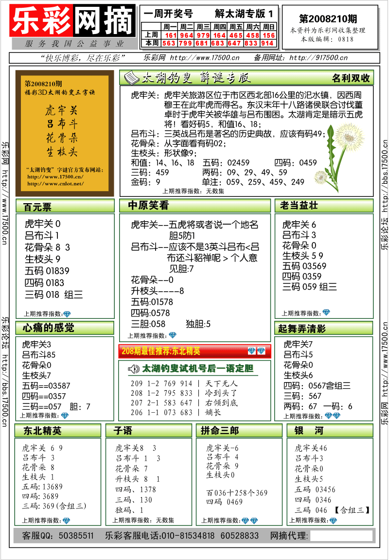 福彩3D第2008210期解太湖钓叟总汇