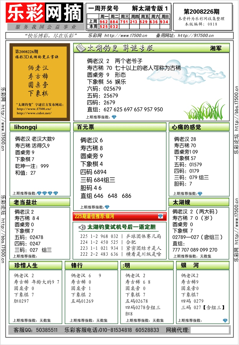 福彩3D第2008226期解太湖钓叟总汇