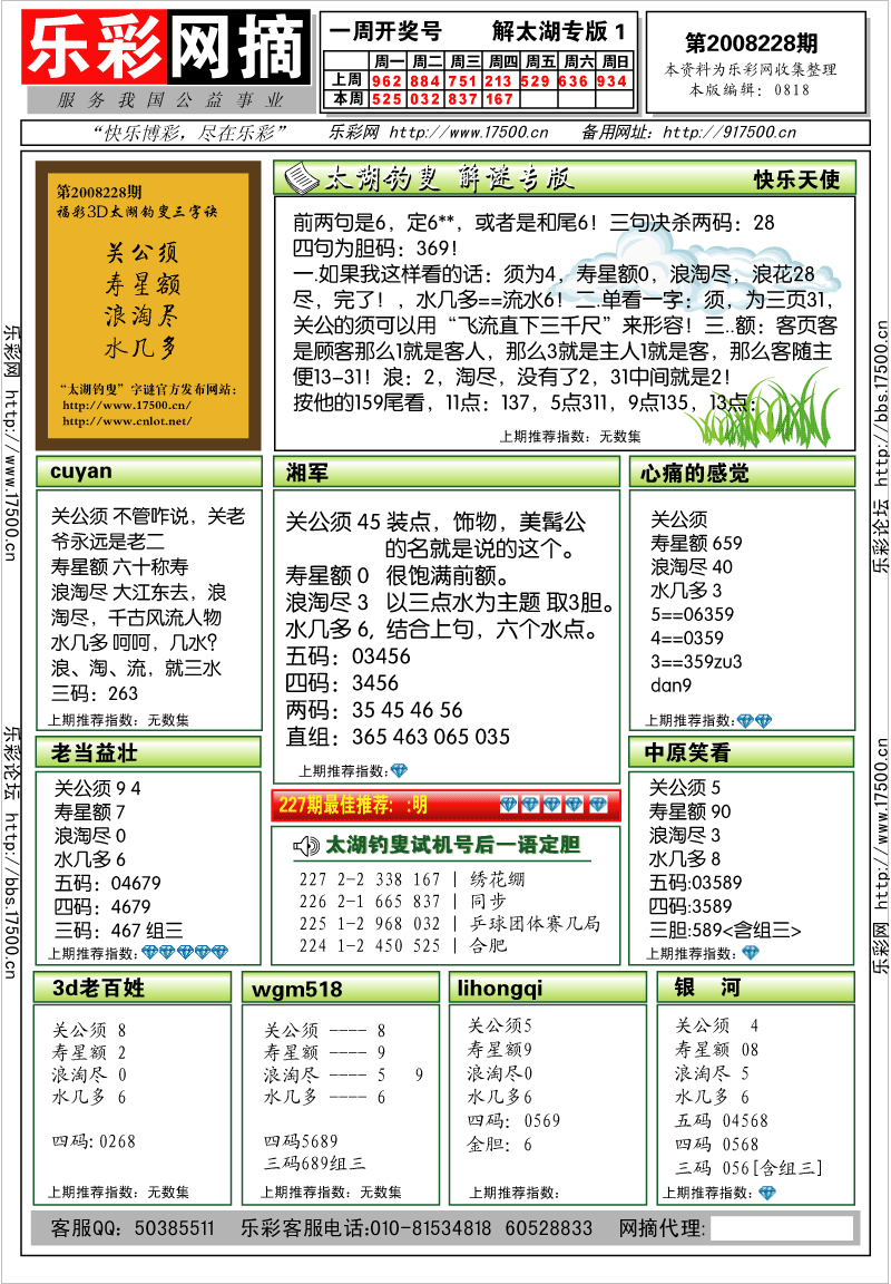 福彩3D第2008228期解太湖钓叟总汇