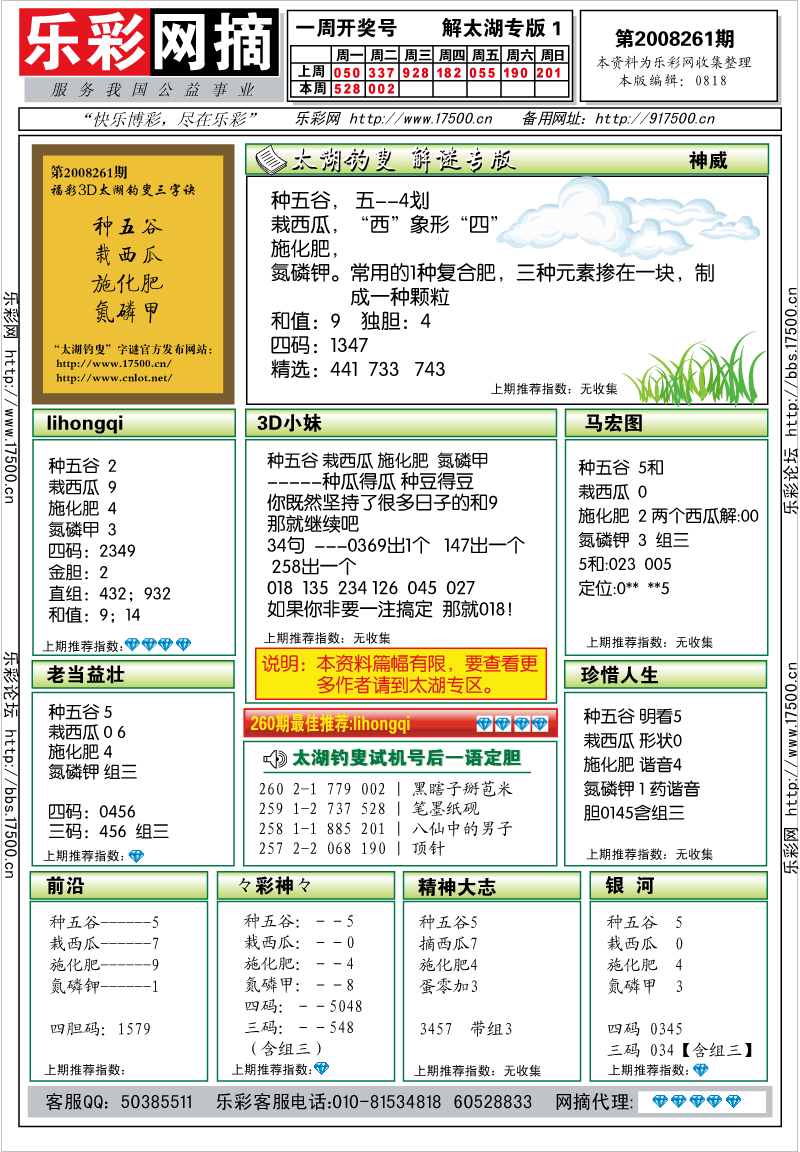 福彩3D第2008261期解太湖钓叟总汇