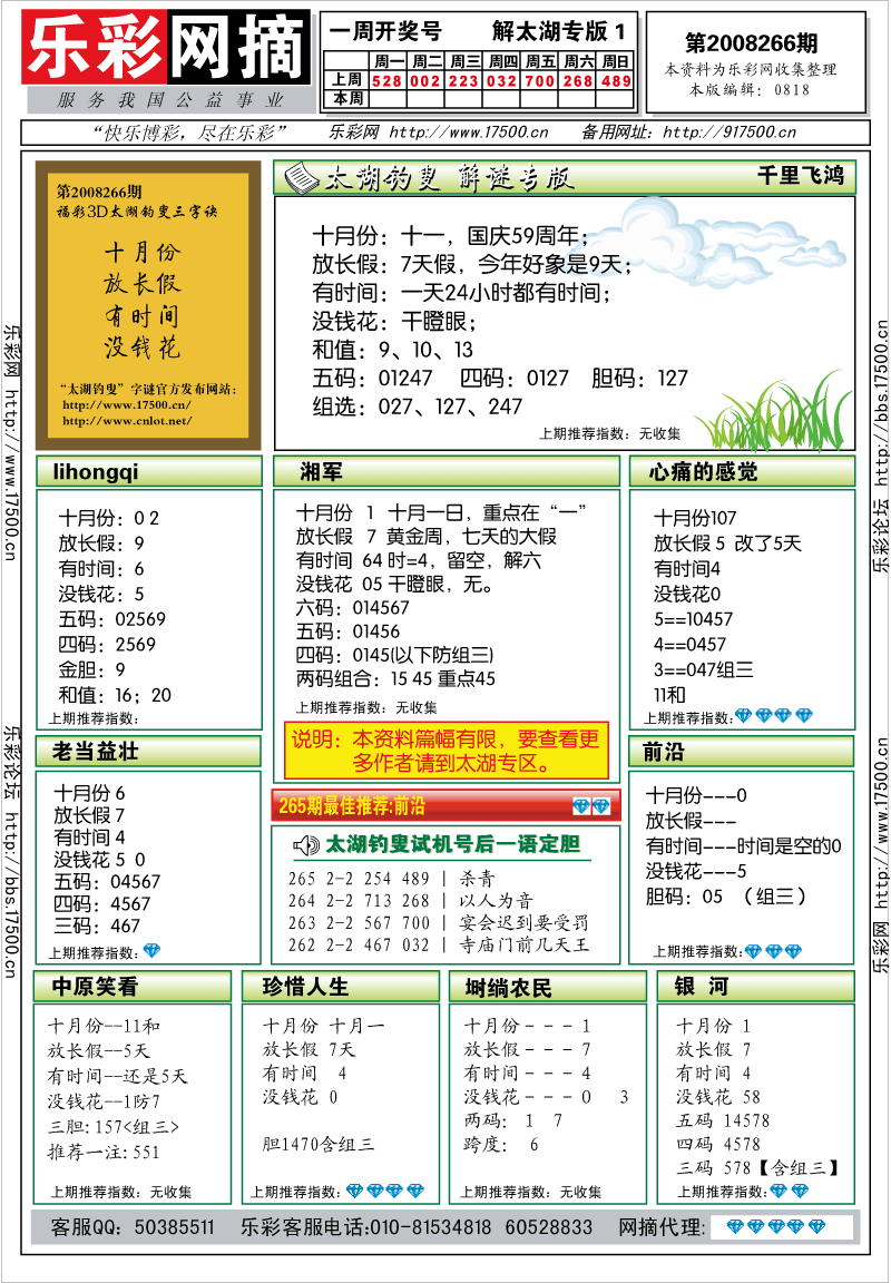 福彩3D第2008266期解太湖钓叟总汇