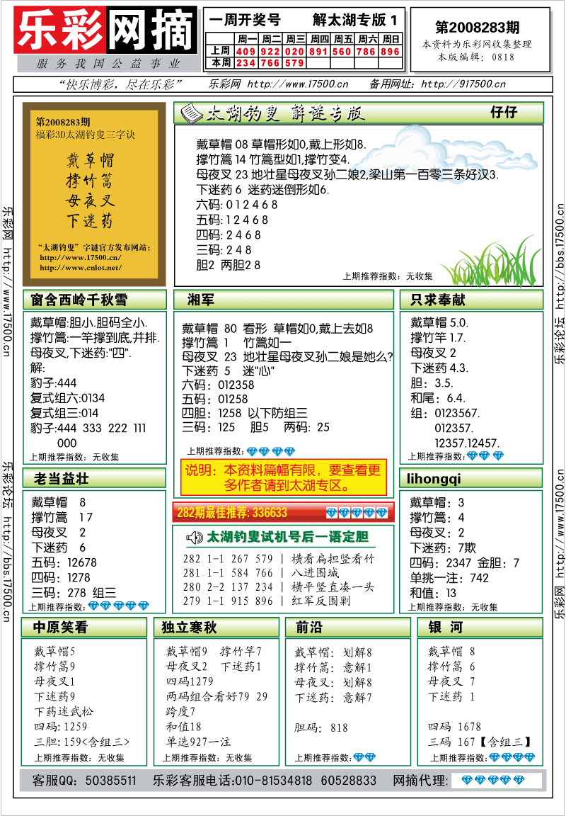 福彩3D第2008280期解太湖钓叟总汇