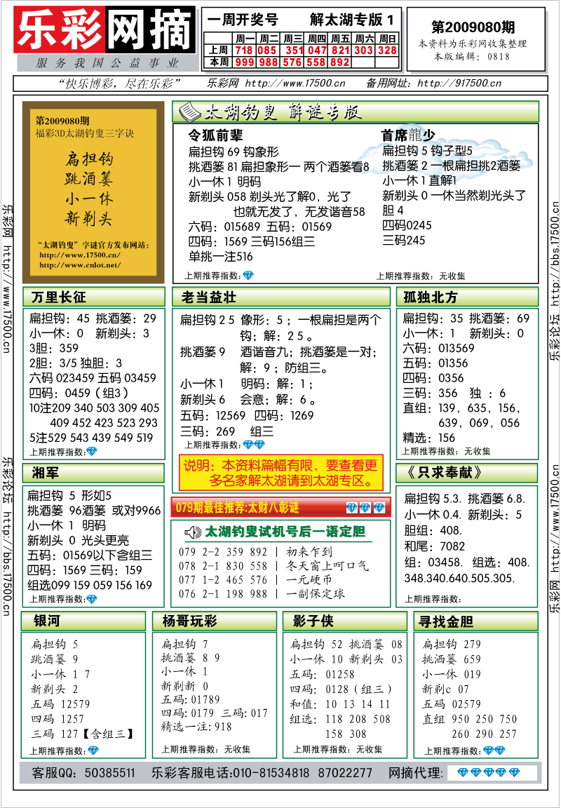 福彩3D第2009080期解太湖钓叟总汇