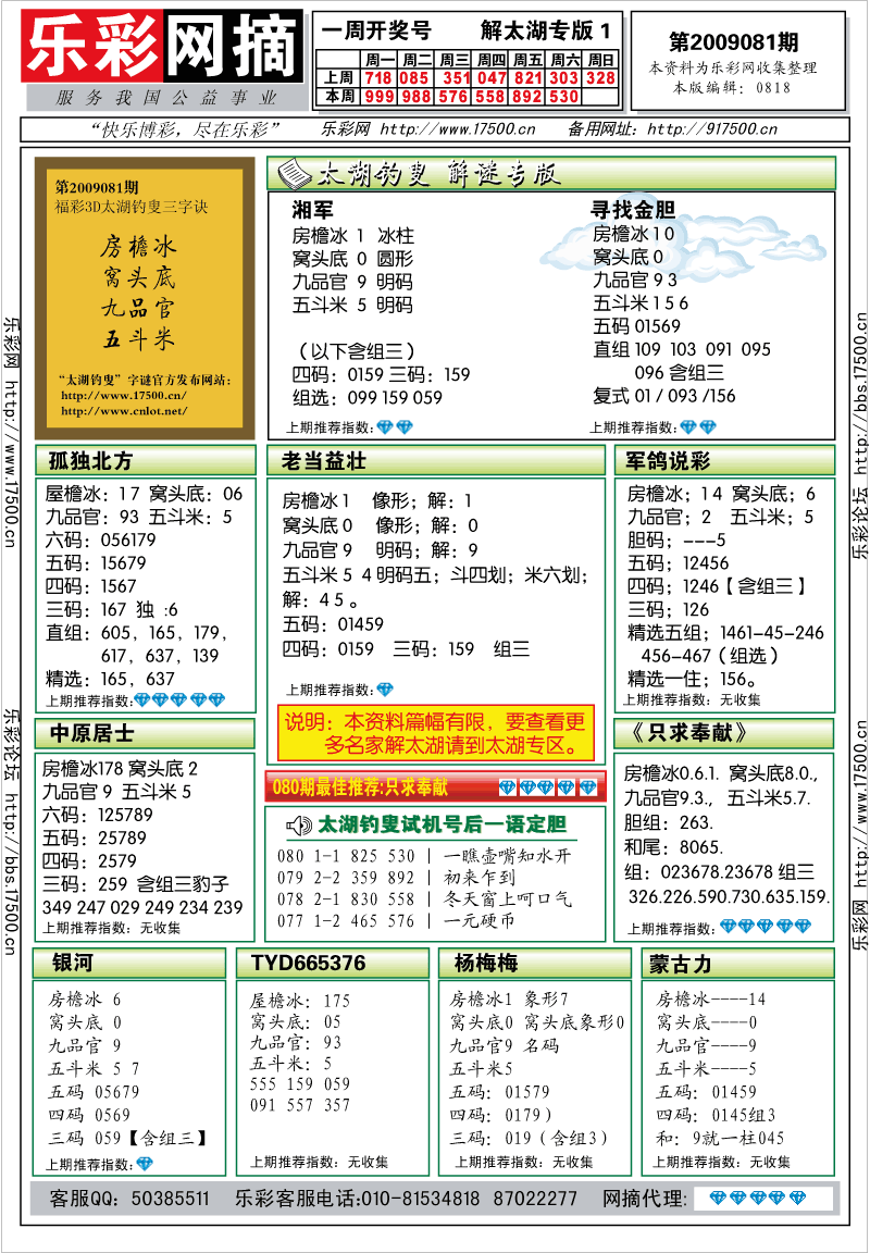 福彩3D第2009081期解太湖钓叟总汇