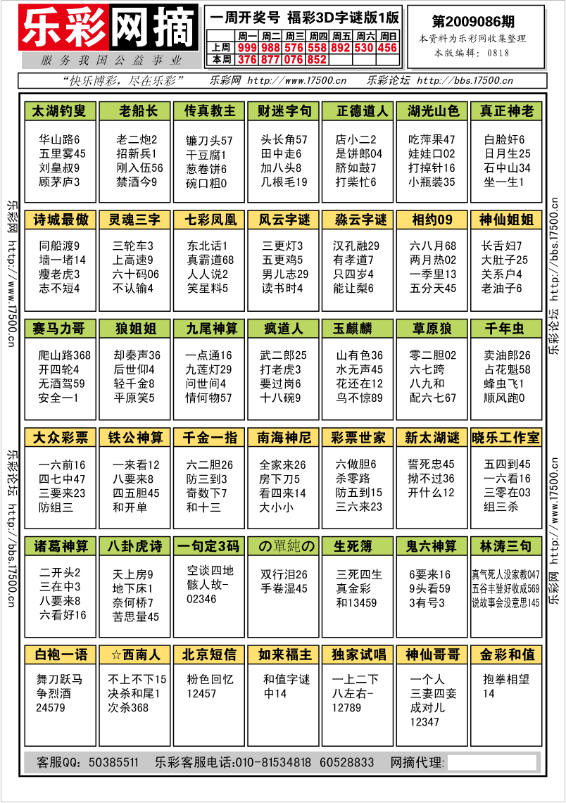 福彩3D第2009086期字谜总汇