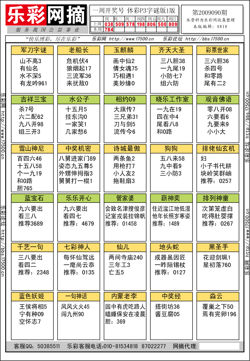 排列三第2009090期字谜总汇