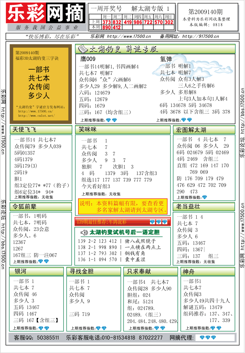 福彩3D第2009140期解太湖钓叟总汇