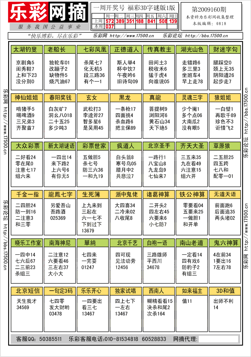 福彩3D第2009160期字谜总汇