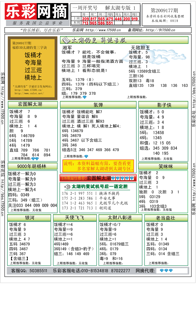 福彩3D第2009177期解太湖钓叟总汇