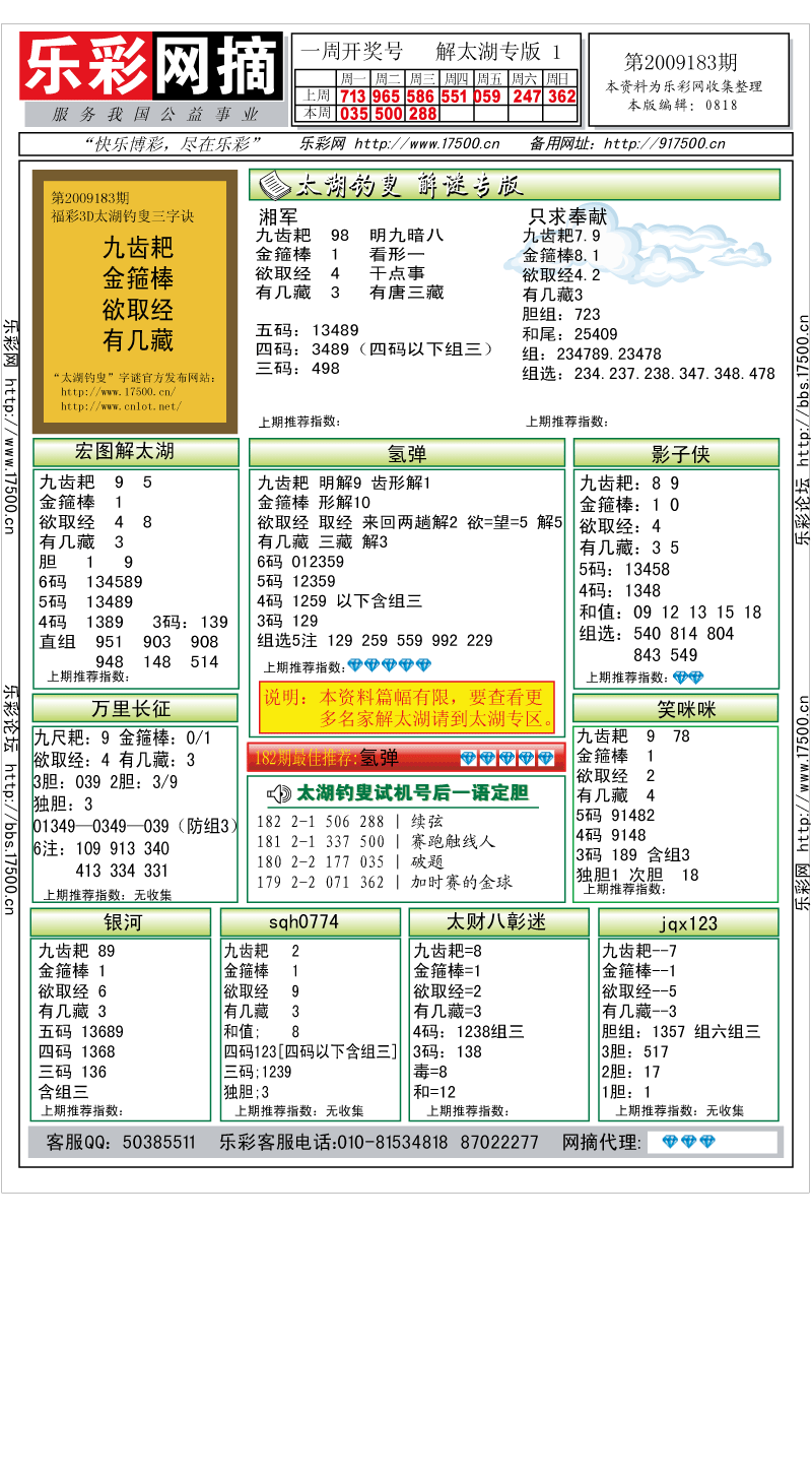 福彩3D第2009183期解太湖钓叟总汇