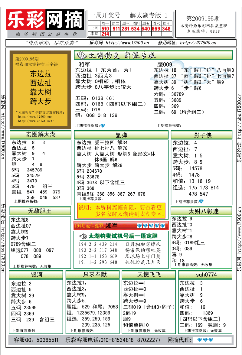 福彩3D第2009195期解太湖钓叟总汇