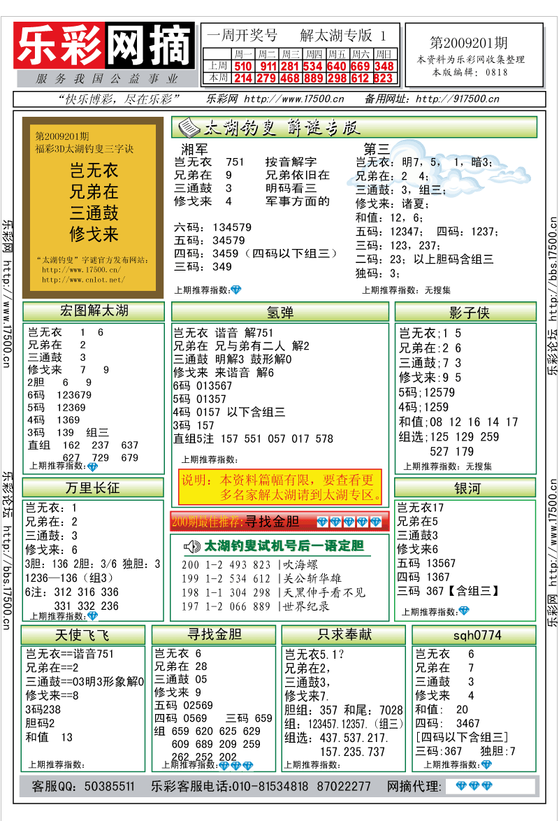 福彩3D第2009201期解太湖钓叟总汇