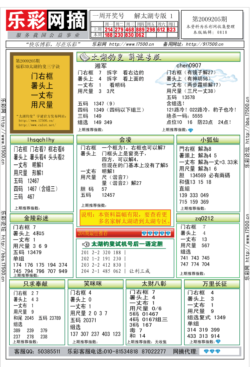 福彩3D第2009205期解太湖钓叟总汇