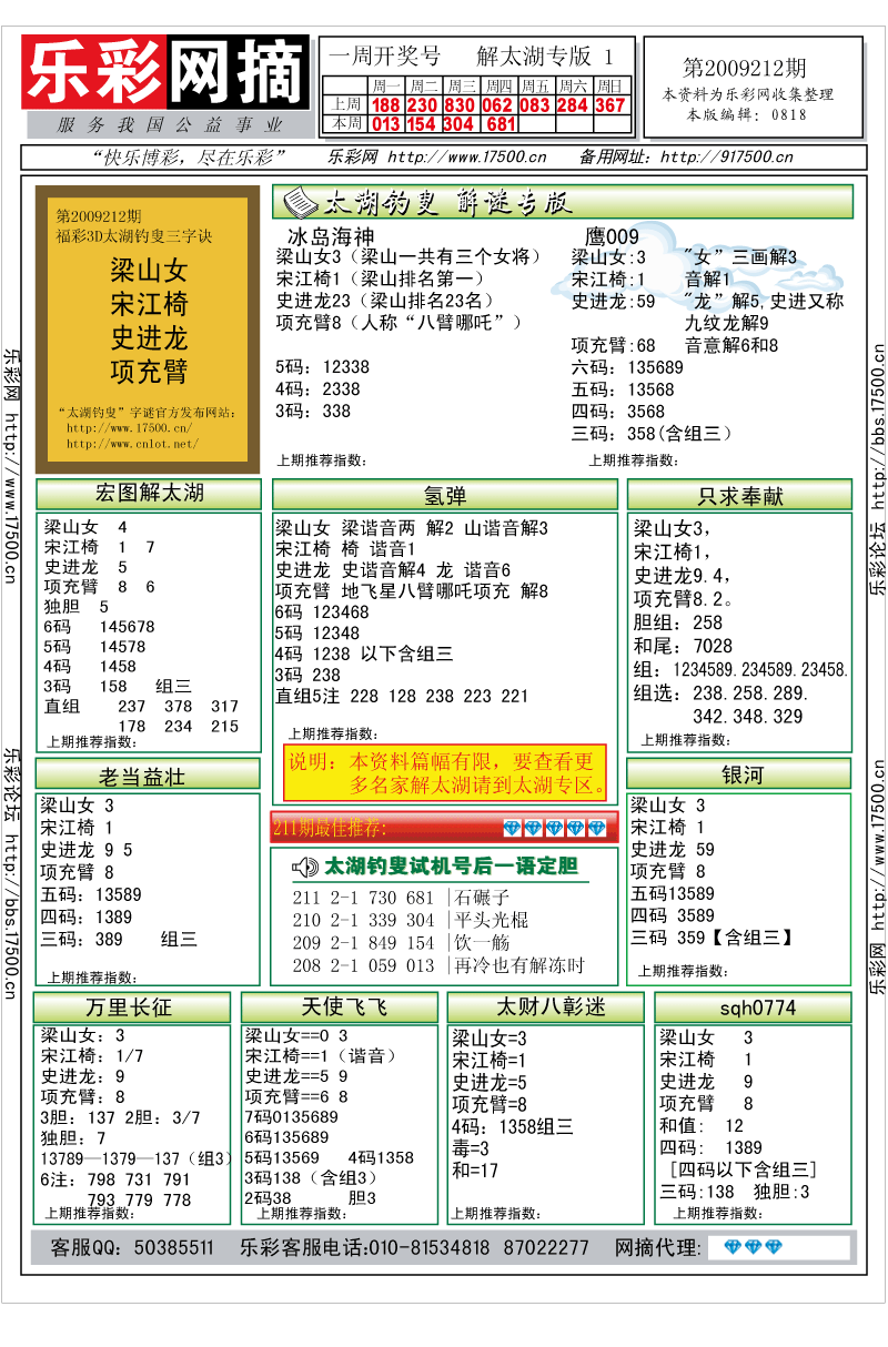 福彩3D第2009212期解太湖钓叟总汇