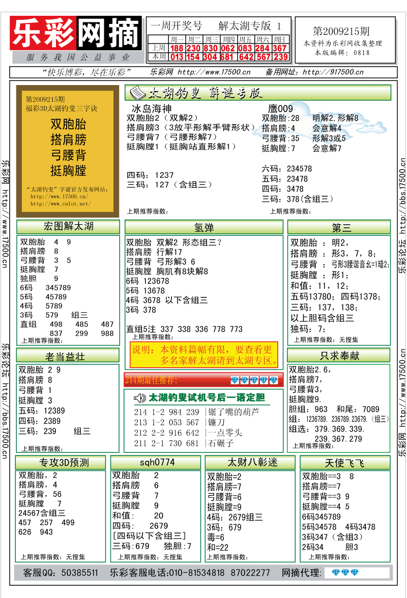 福彩3D第2009215期解太湖钓叟总汇