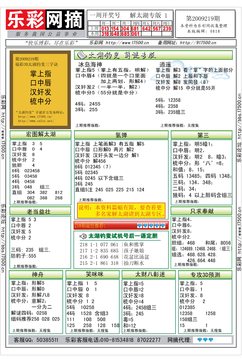 福彩3D第2009219期解太湖钓叟总汇