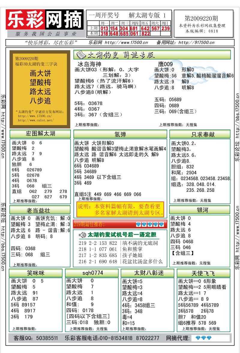 福彩3D第2009220期解太湖钓叟总汇