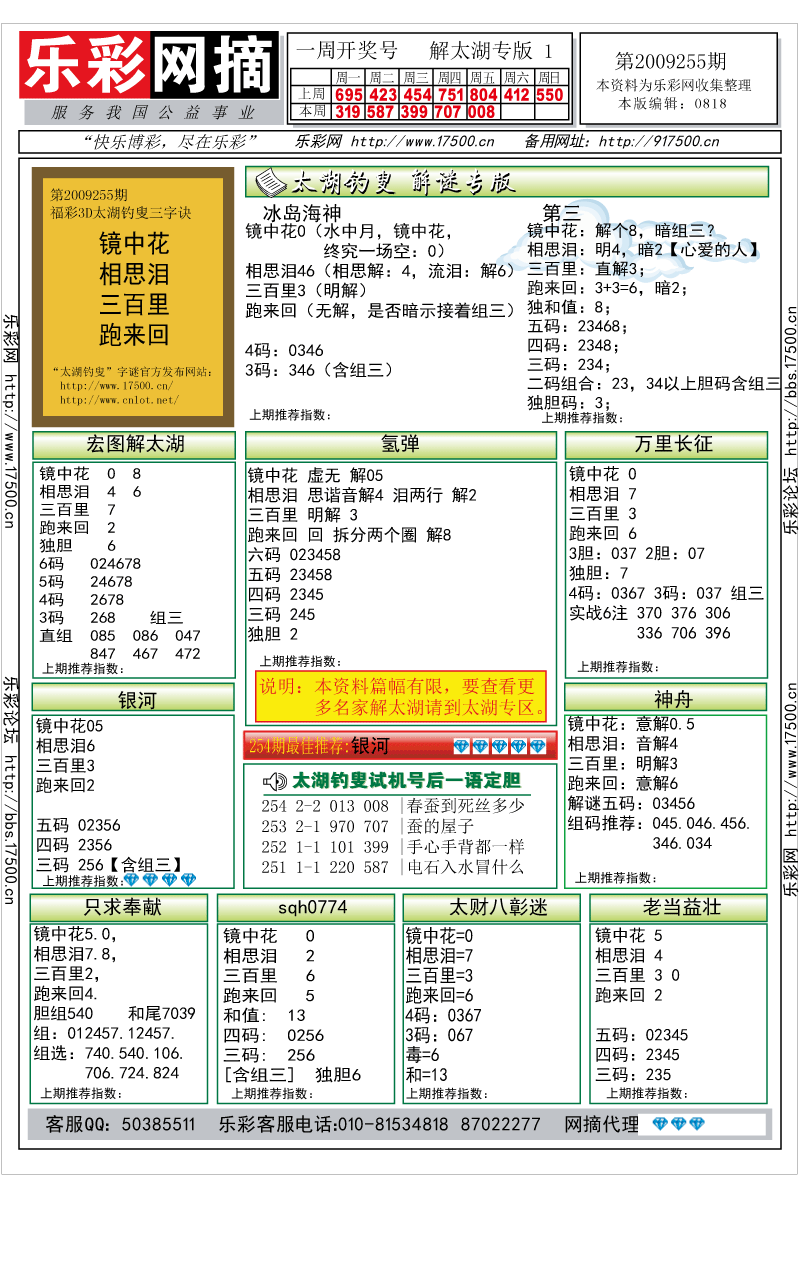 福彩3D第2009255期解太湖钓叟总汇