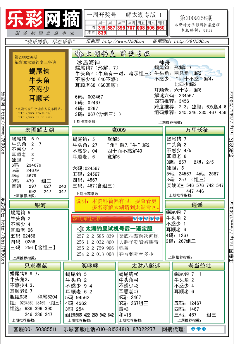 福彩3D第2009257期解太湖钓叟总汇