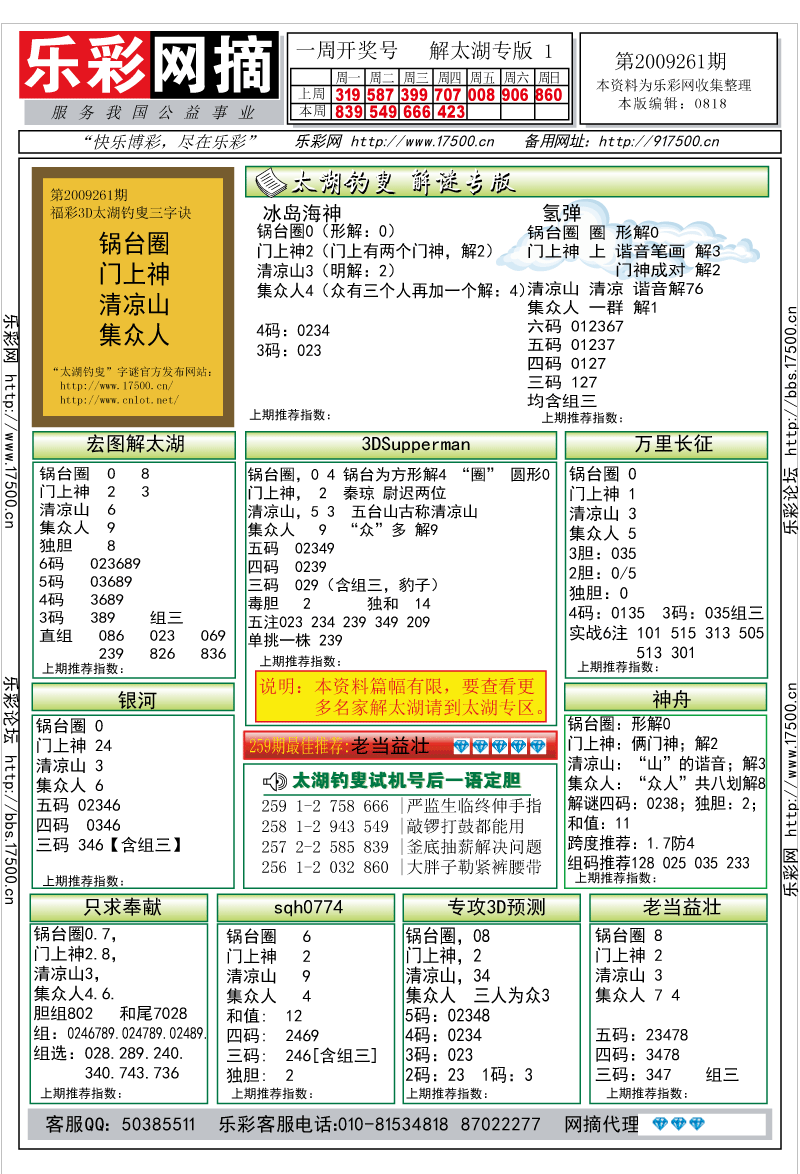 福彩3D第2009261期解太湖钓叟总汇