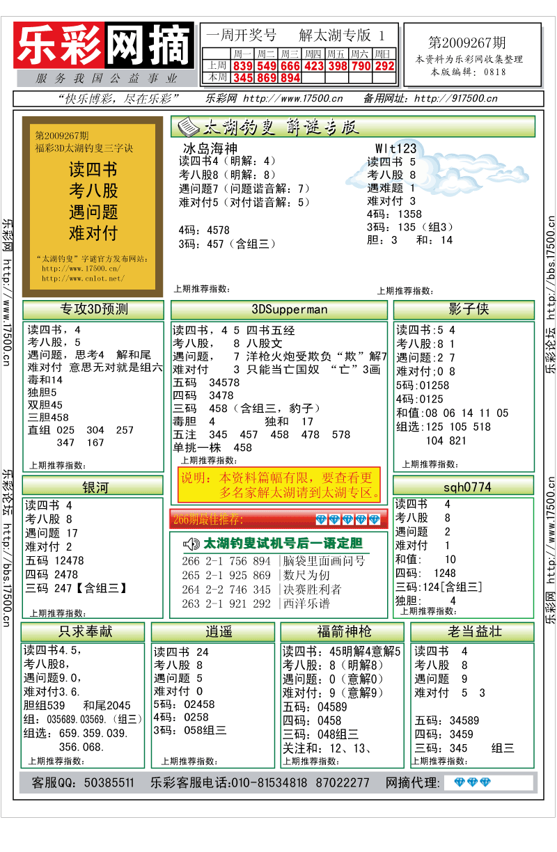 福彩3D第2009267期解太湖钓叟总汇