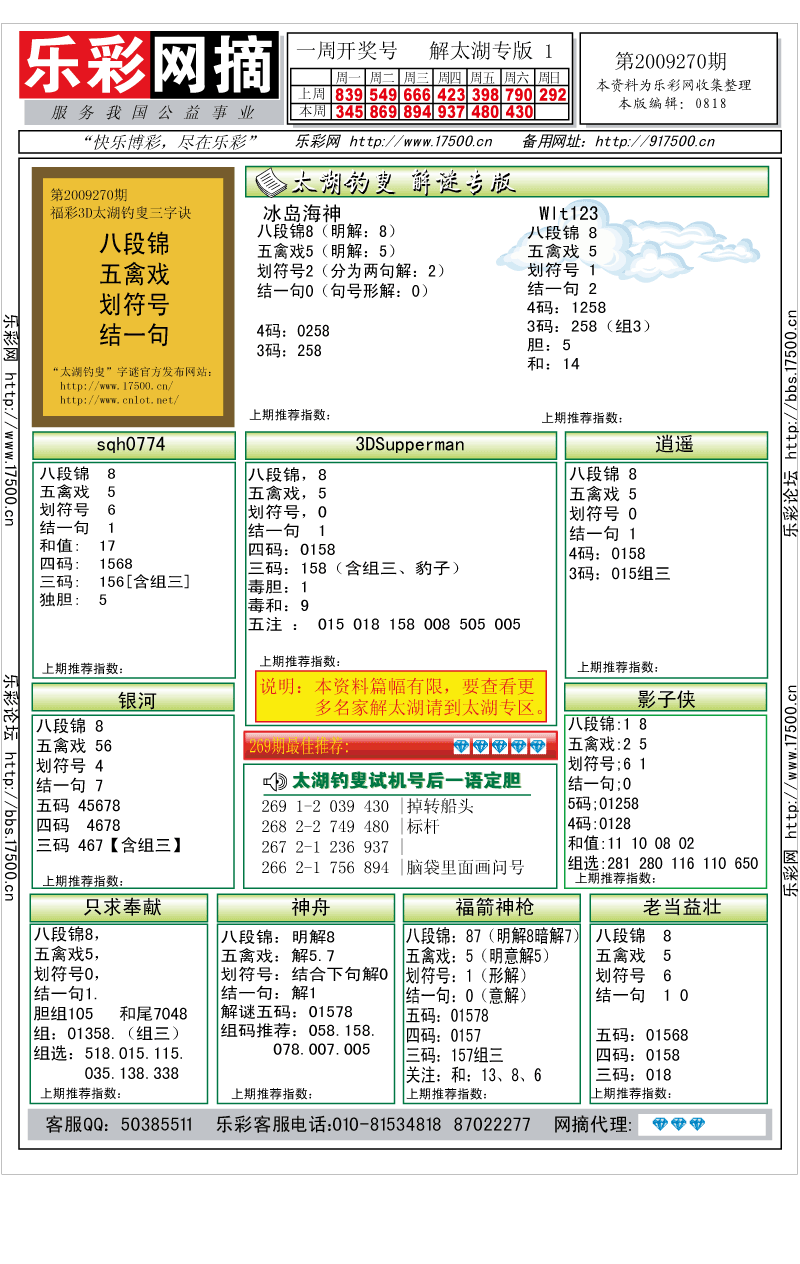 福彩3D第2009270期解太湖钓叟总汇