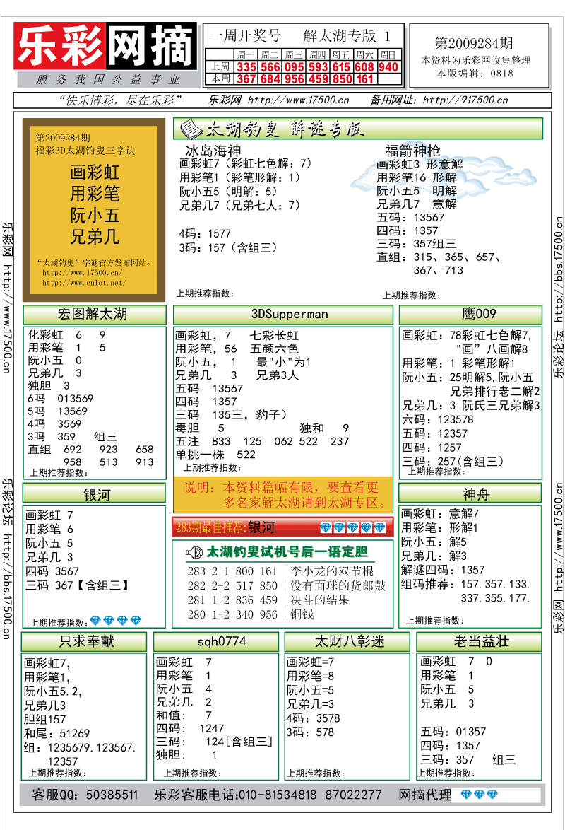 福彩3D第2009284期解太湖钓叟总汇