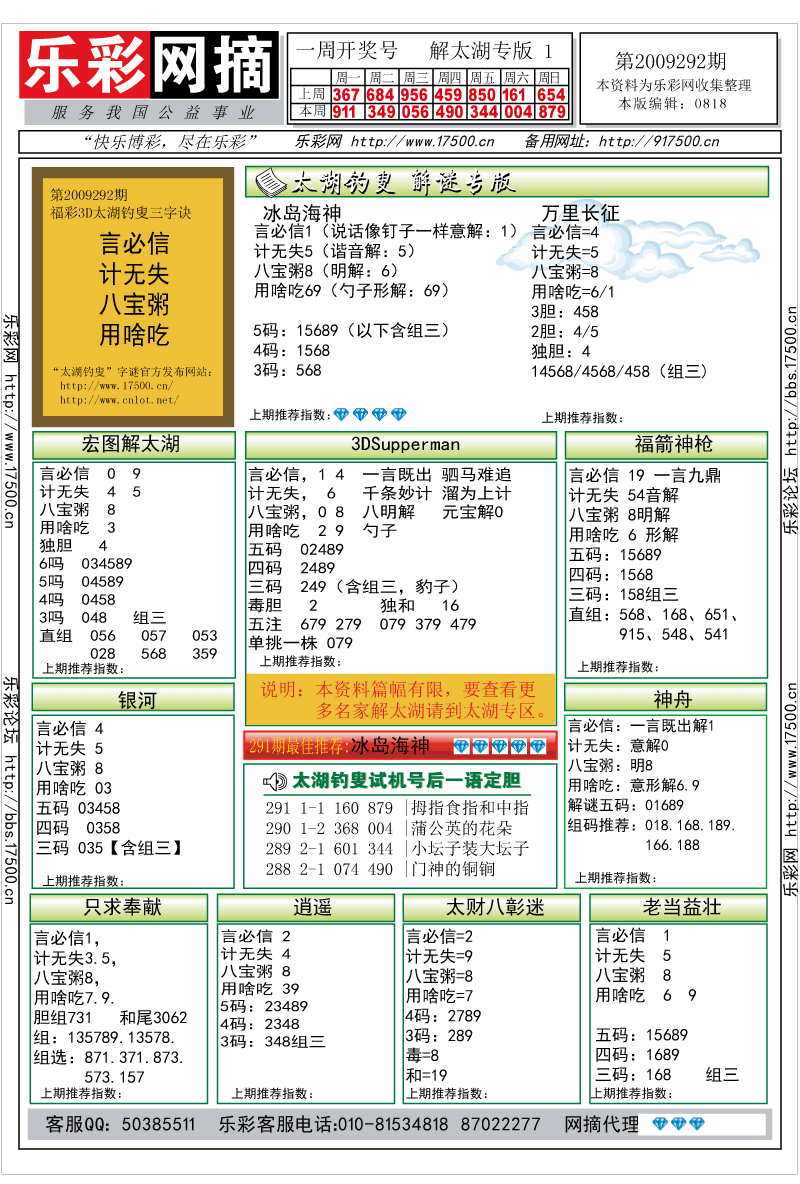 福彩3D第2009292期解太湖钓叟总汇