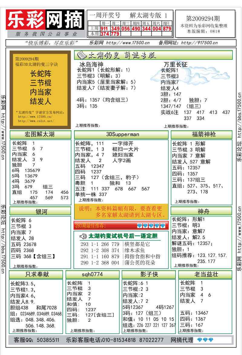 福彩3D第2009294期解太湖钓叟总汇