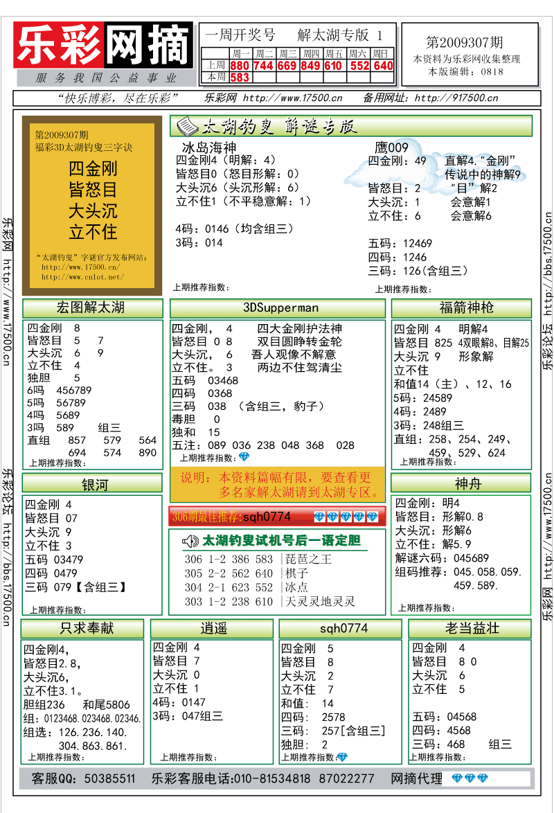 福彩3D第2009307期解太湖钓叟总汇
