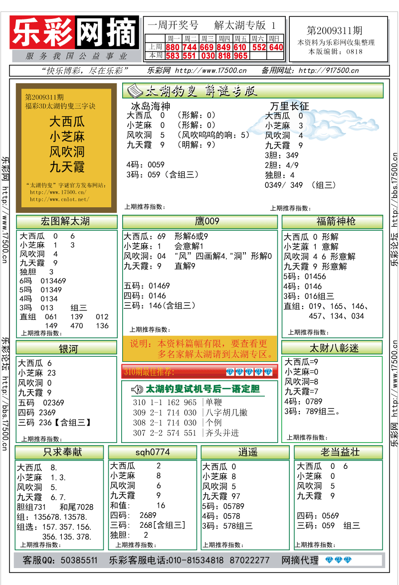 福彩3D第2009311期解太湖钓叟总汇