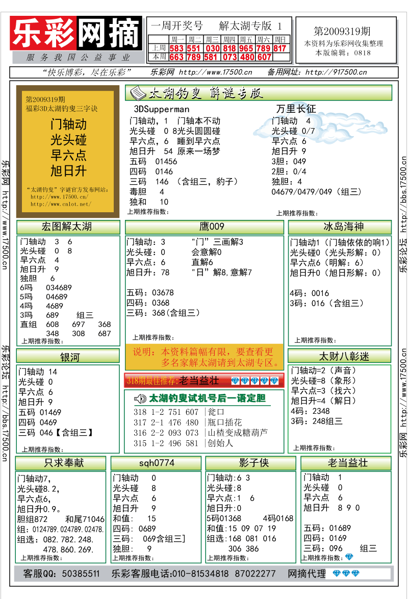 福彩3D第2009319期解太湖钓叟总汇