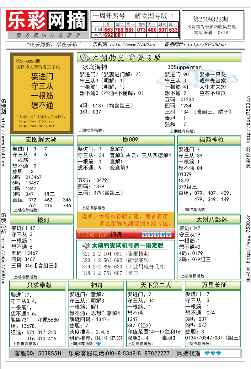 福彩3D第2009322期解太湖钓叟总汇