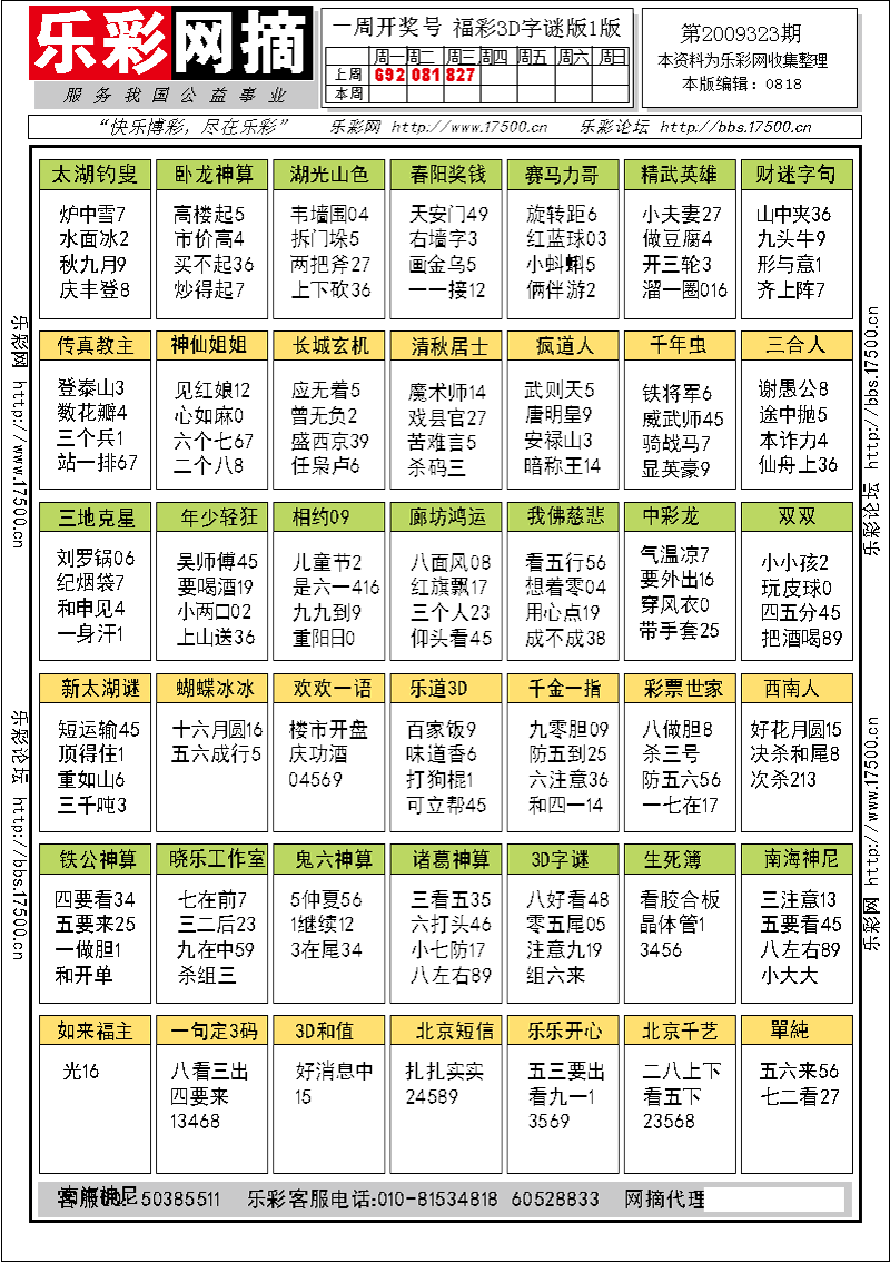 福彩3D第2009323期字谜总汇