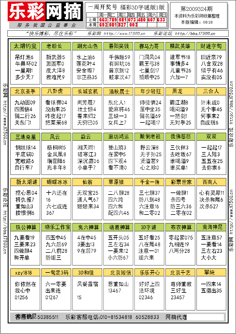 福彩3D第2009324期字谜总汇