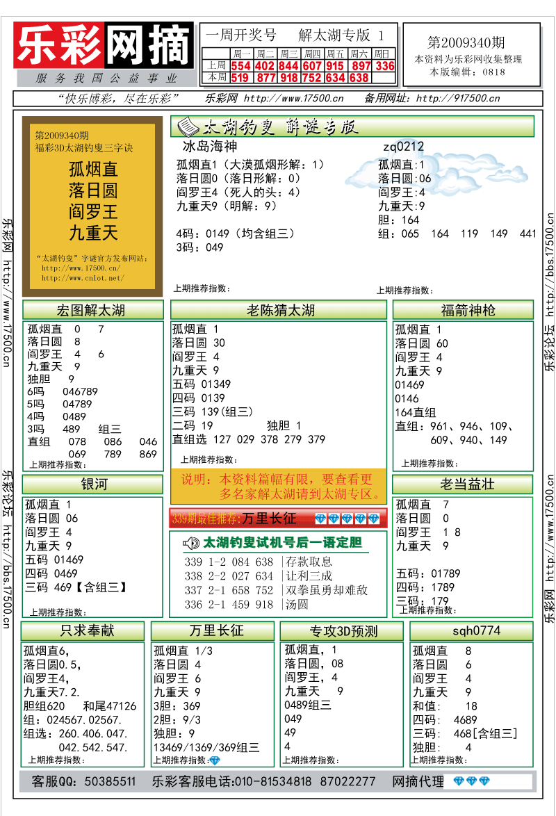 福彩3D第2009340期解太湖钓叟总汇