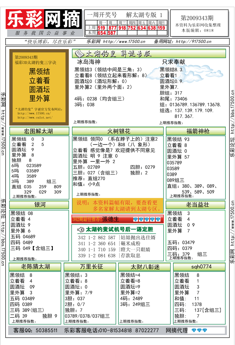 福彩3D第2009343期解太湖钓叟总汇