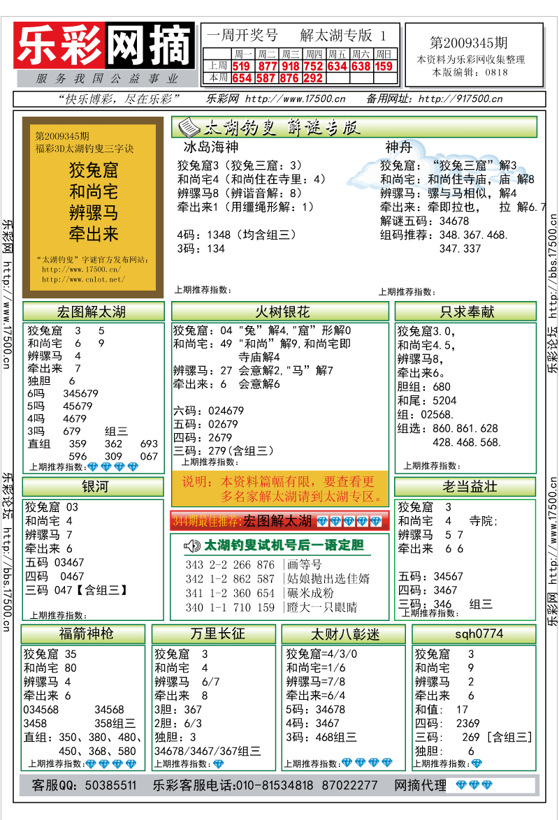 福彩3D第2009345期解太湖钓叟总汇