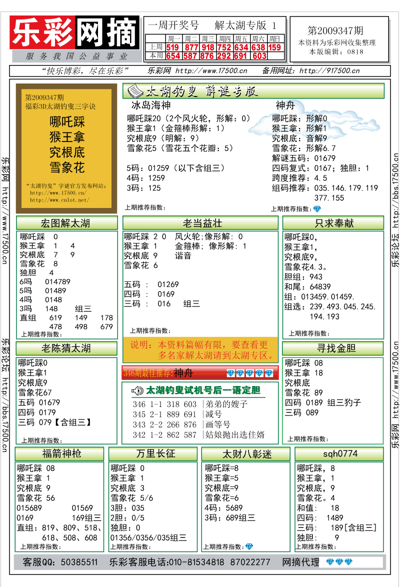 福彩3D第2009347期解太湖钓叟总汇