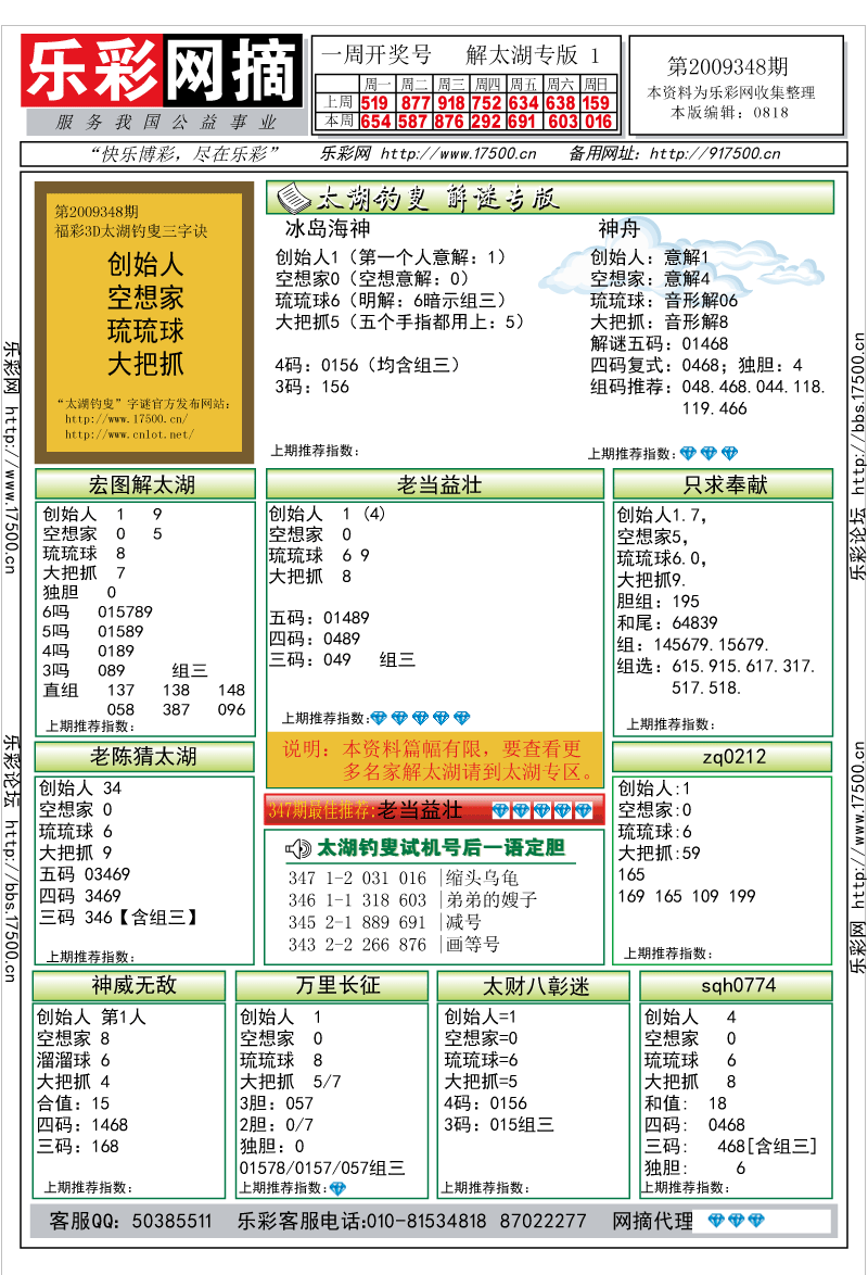 福彩3D第2009348期解太湖钓叟总汇