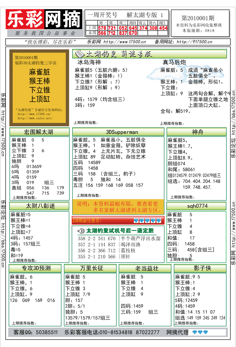 福彩3D第2010001期解太湖钓叟总汇