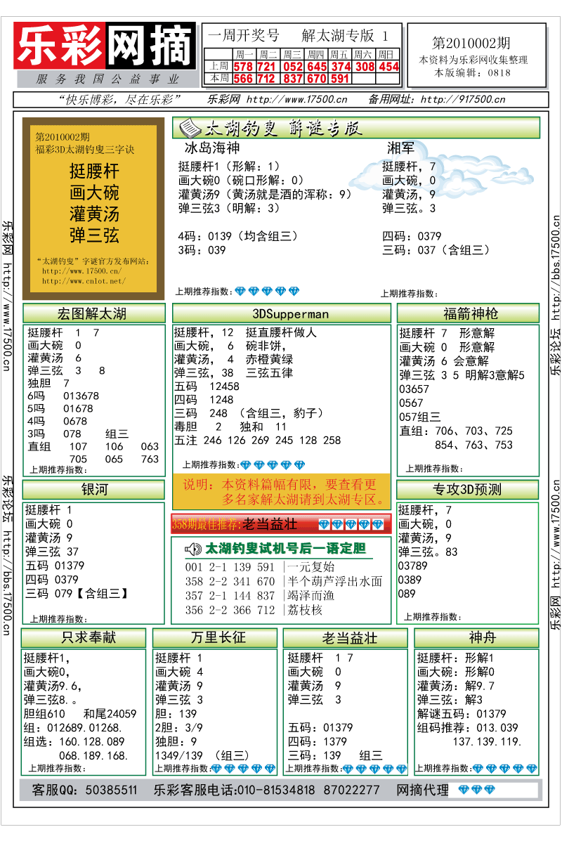 福彩3D第2010002期解太湖钓叟总汇